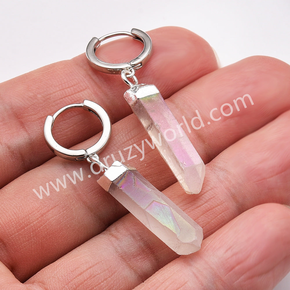 Silver Plated Raw Titanium Light AB White Aura Quartz Crystal Point Hoop Earrings AL880