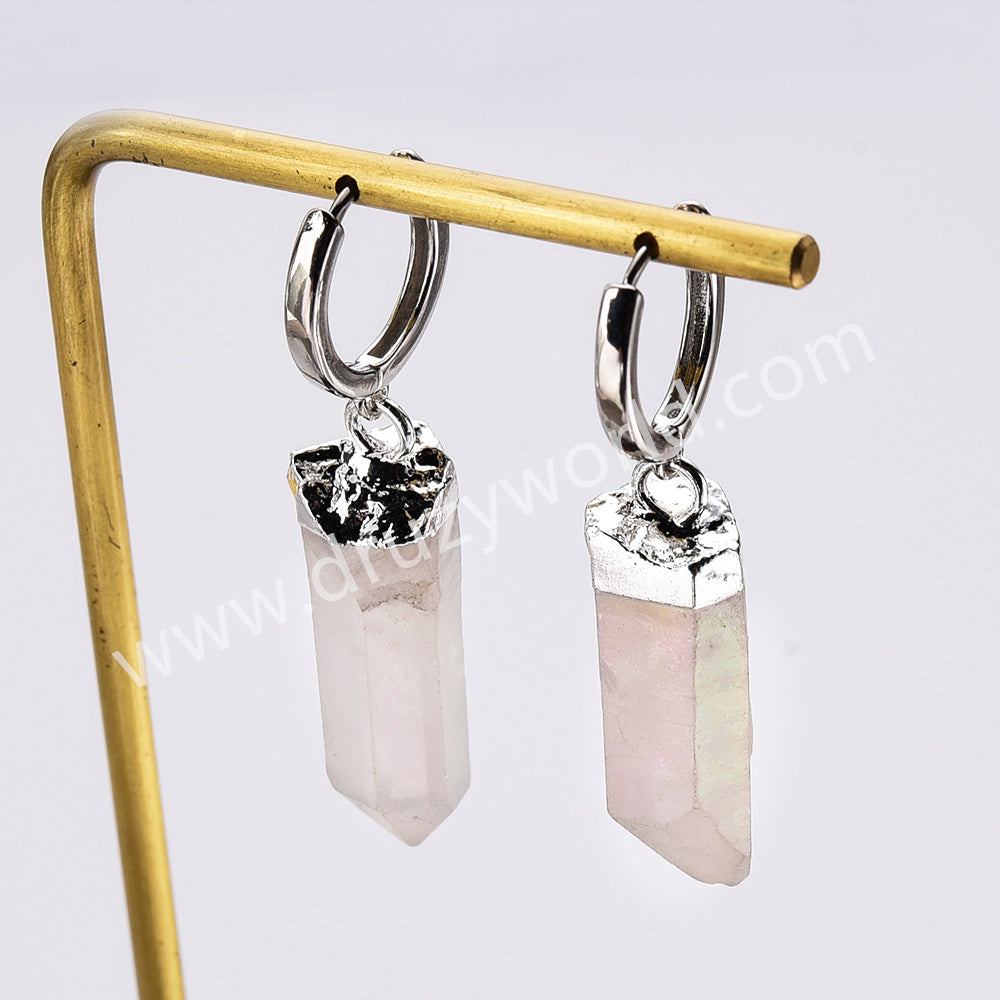 Silver Plated Raw Titanium Light AB White Aura Quartz Crystal Point Hoop Earrings AL880