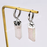 Silver Plated Raw Titanium Light AB White Aura Quartz Crystal Point Hoop Earrings AL880