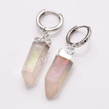 Silver Plated Raw Titanium Light AB White Aura Quartz Crystal Point Hoop Earrings AL880