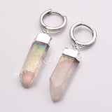 Silver Plated Raw Titanium Light AB White Aura Quartz Crystal Point Hoop Earrings AL880