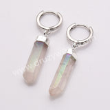 Silver Plated Raw Titanium Light AB White Aura Quartz Crystal Point Hoop Earrings AL880