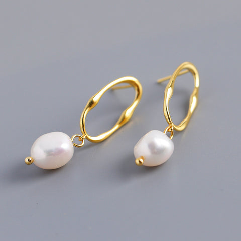 925 Sterling Silver Baroque Pearl Irregular Hoop Post Earrings, Lady Fashion Pearl Jewelry AL883