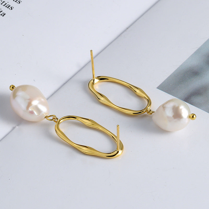 925 Sterling Silver Baroque Pearl Irregular Hoop Post Earrings, Lady Fashion Pearl Jewelry AL883
