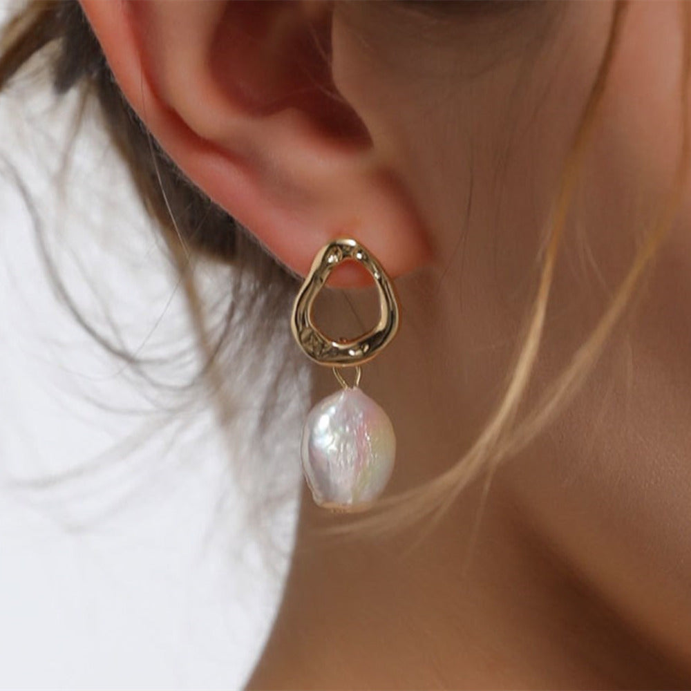 Baroque Coin Natural Pearl Drop Earrings Irregular Hoop 925 Silver Post Pearl Earrings Jewelry AL885