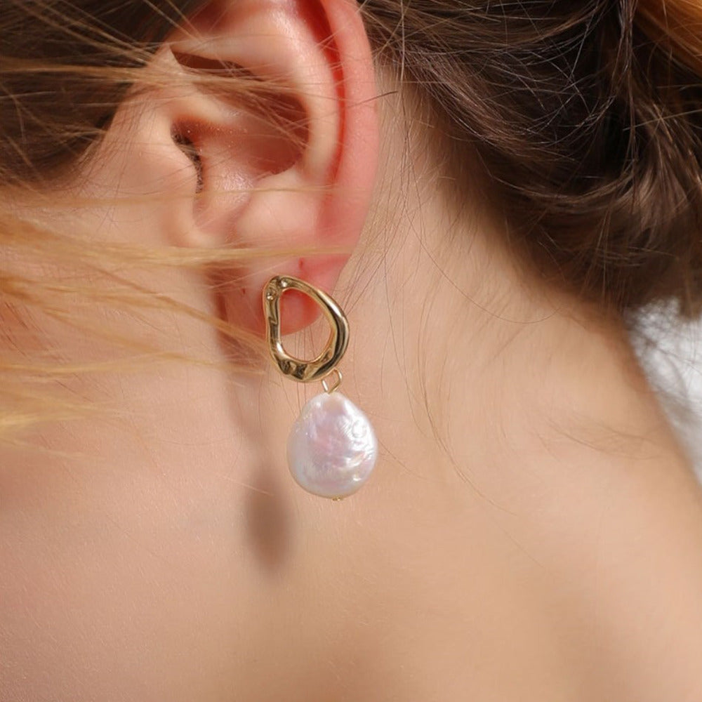 Baroque Coin Natural Pearl Drop Earrings Irregular Hoop 925 Silver Post Pearl Earrings Jewelry AL885