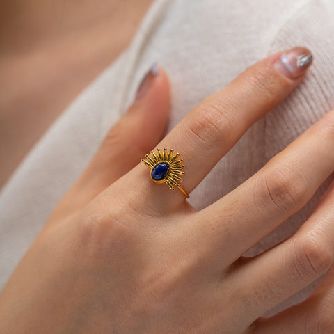 Gold Natural Lapis Lazuli Ring Stainless Steel Half Sun Star African Turquoise Ring Adjustable AL887