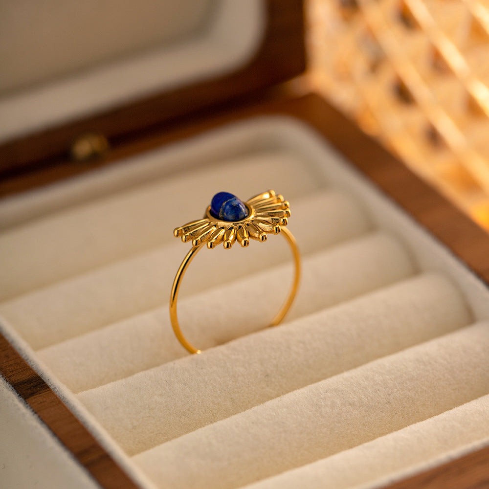 Gold Natural Lapis Lazuli Ring Stainless Steel Half Sun Star African Turquoise Ring Adjustable AL887