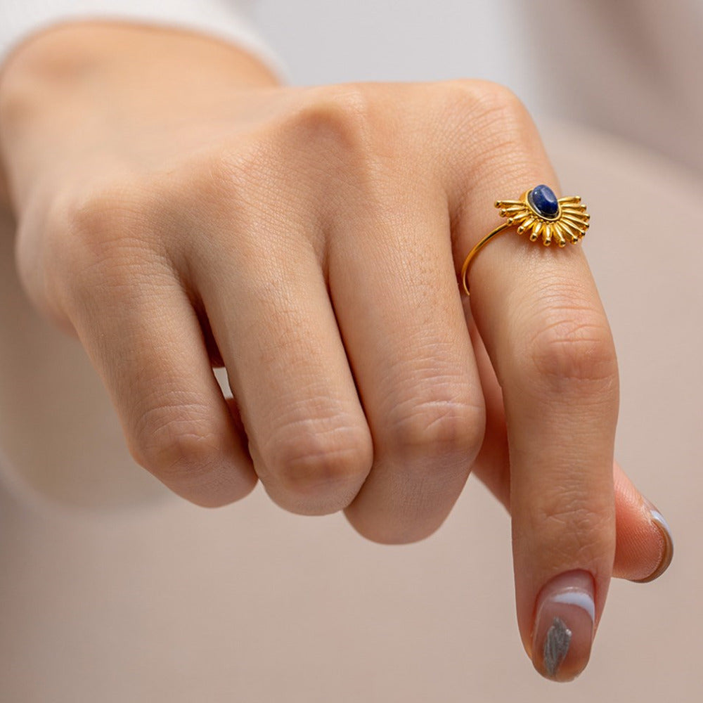 Gold Natural Lapis Lazuli Ring Stainless Steel Half Sun Star African Turquoise Ring Adjustable AL887