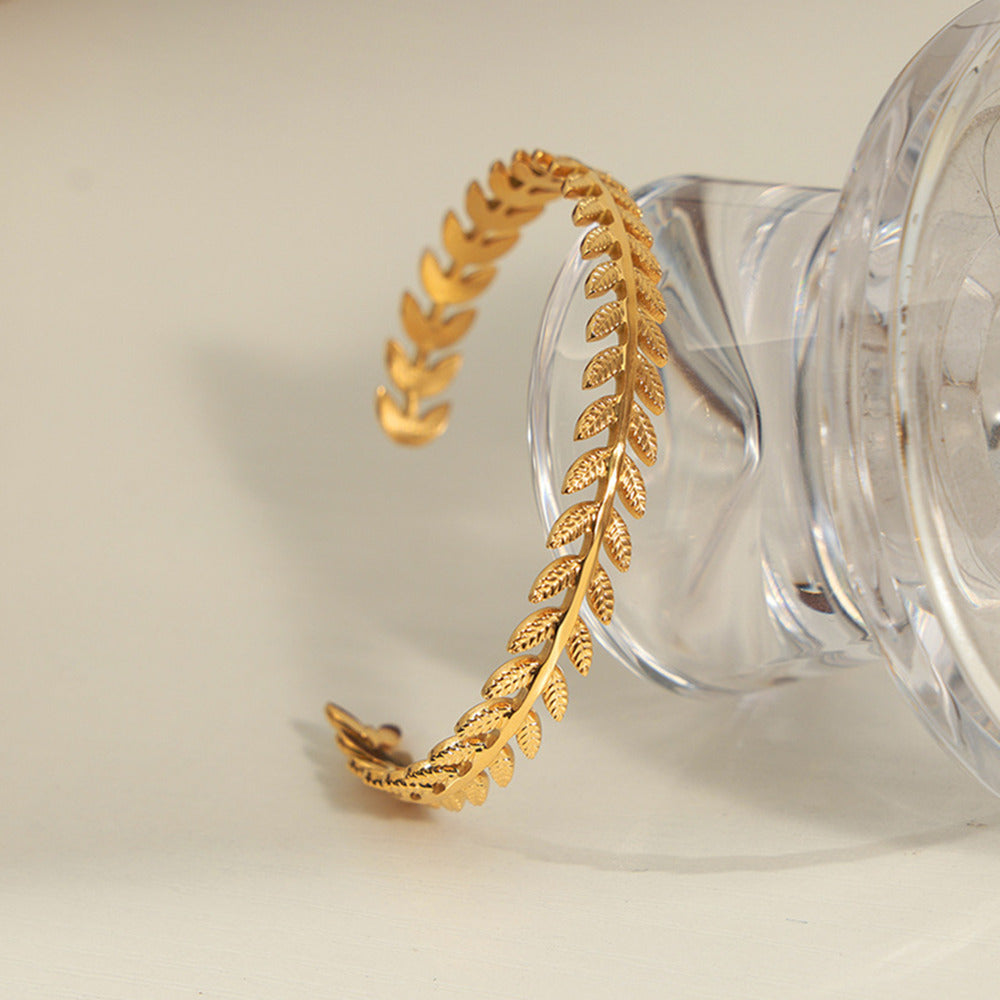 Stainless Steel Chevron Gold Bangle Bracelet, Leaf Bracelet, Fishtail Open Cuff Jewelry AL889