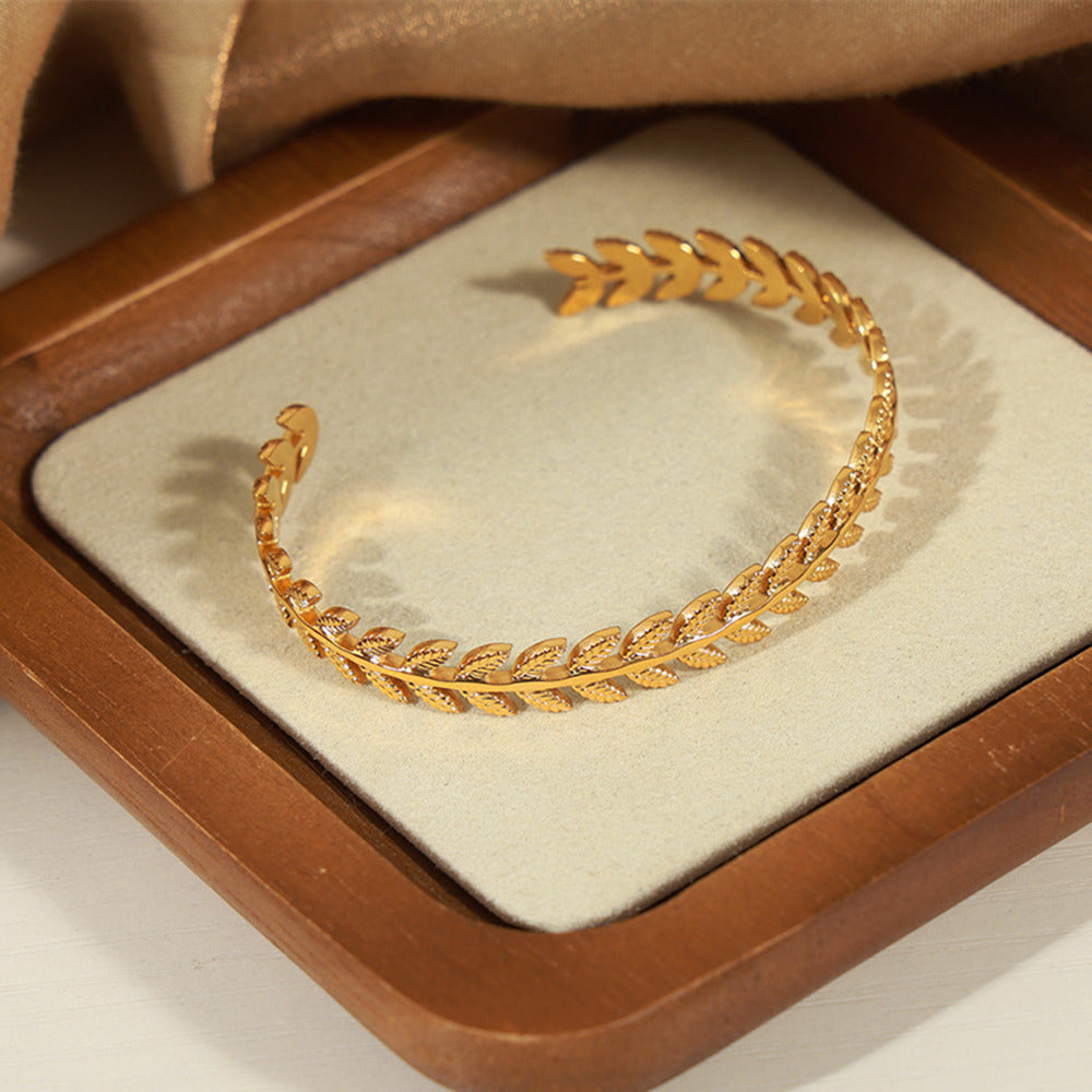 Stainless Steel Chevron Gold Bangle Bracelet, Leaf Bracelet, Fishtail Open Cuff Jewelry AL889