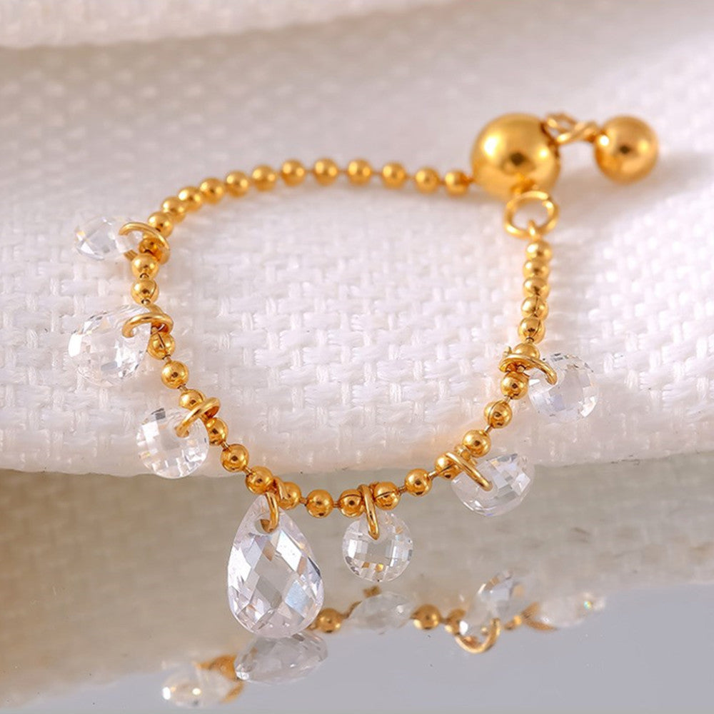 Bling Teardrop Zircon Ring Ball Bead Chain Adjustable Ring, Stainless Steel Jewelry Ring AL891