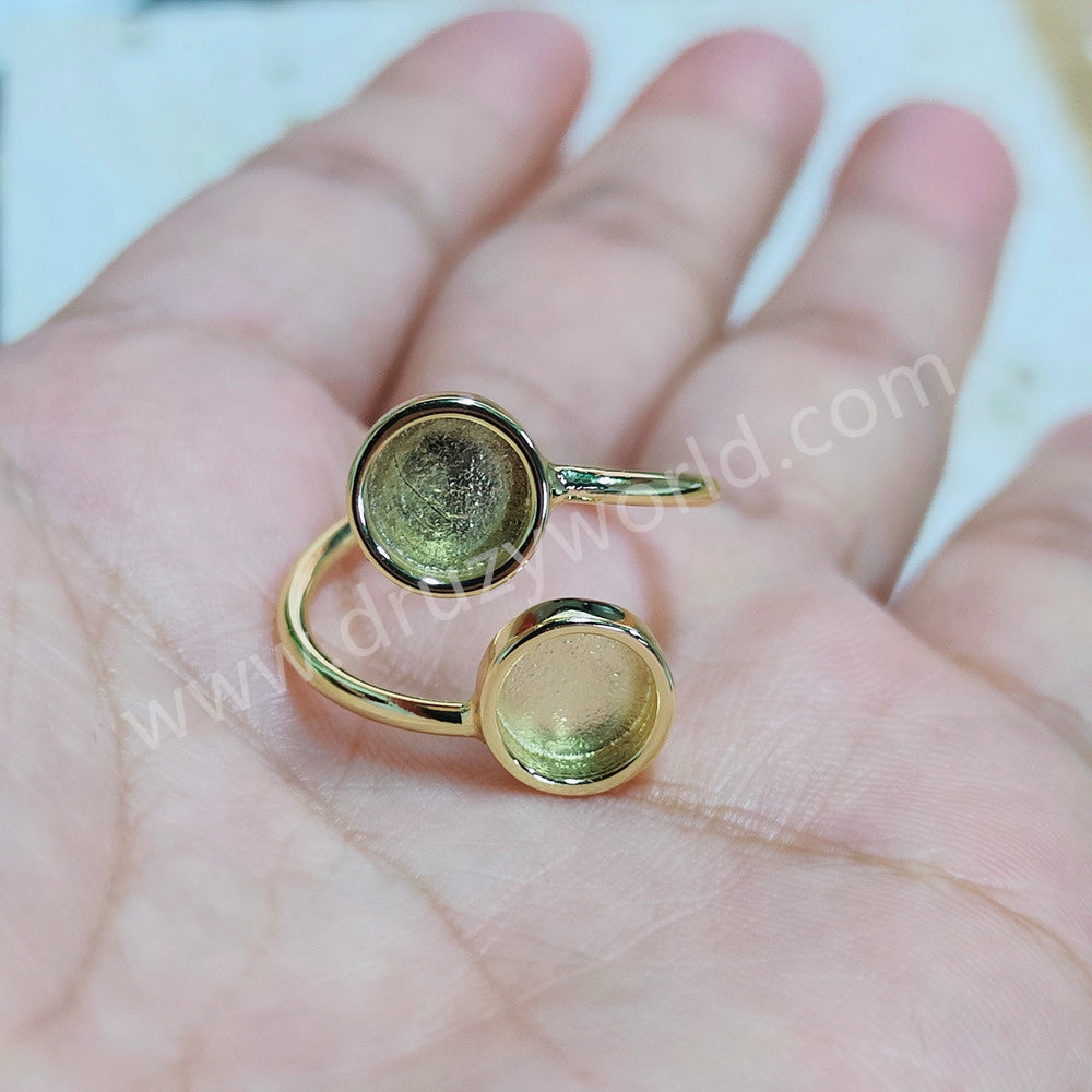 Gold Plated Double Round Ring Blank Base Bezel Settings, Adjustable Ring Findings, For DIY Jewelry Making AL895