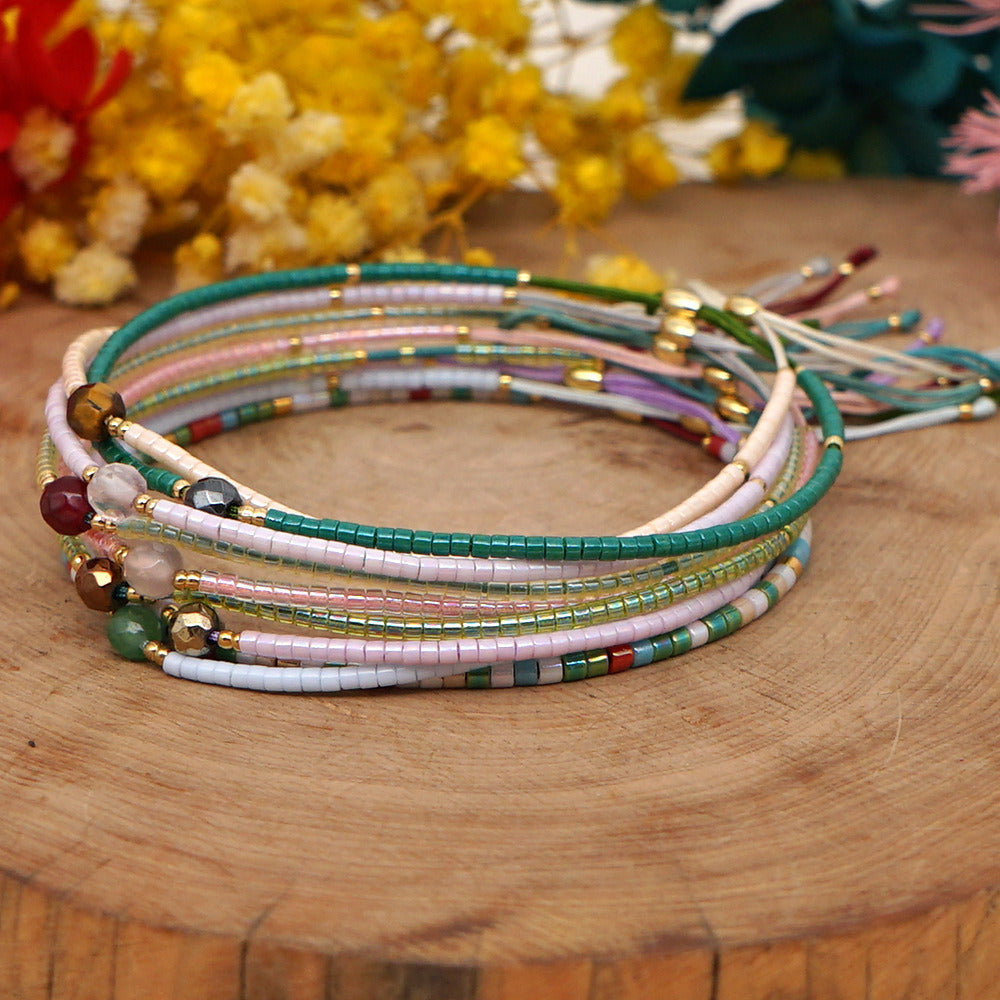 Bohemian Skinny Lucky Stones & Rainbow Miyuki Beads Bracelet, Couple Bracelet, Handmade Boho Summer Jewelry AL896