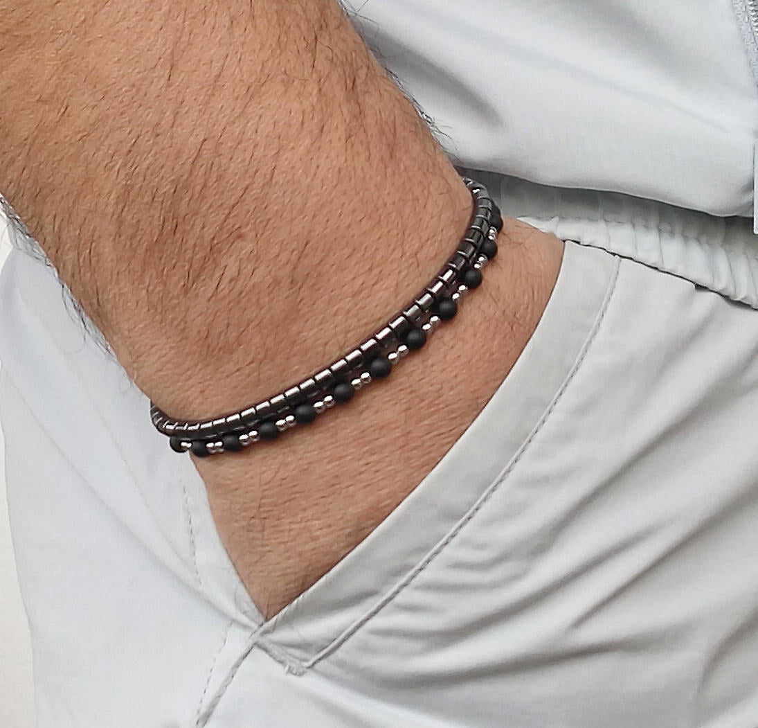 Matte Black Agate & Hematite Small Beaded Stretch Bracelet Beach Bracelet For Men AL898