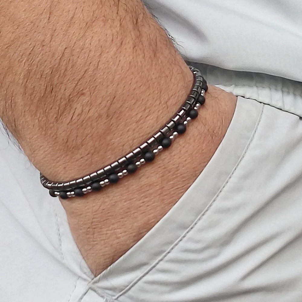 Matte Black Agate & Hematite Small Beaded Stretch Bracelet Beach Bracelet For Men AL898
