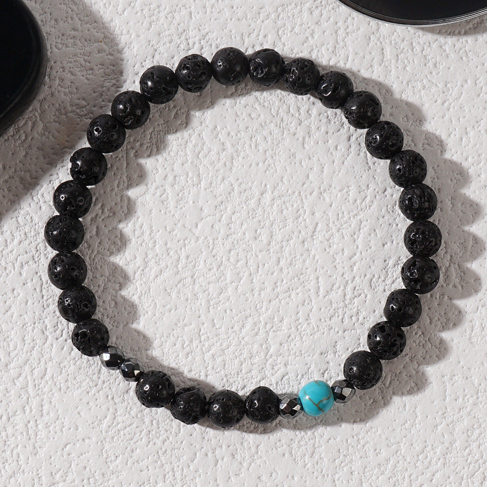 Black Lava Stone & Hematite & Blue Howlite Turquoise Beaded Stretch Bracelet, Boho Summer Beach Bracelet For Men AL899