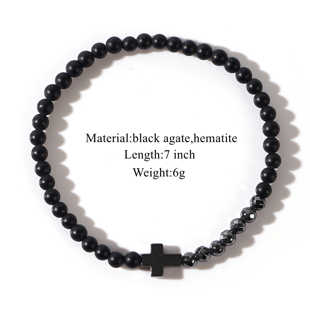 Black Cross Matte Black Agate & Hematite Small Beaded Stretch Bracelet, Boho Summer Beach Bracelet For Men AL900