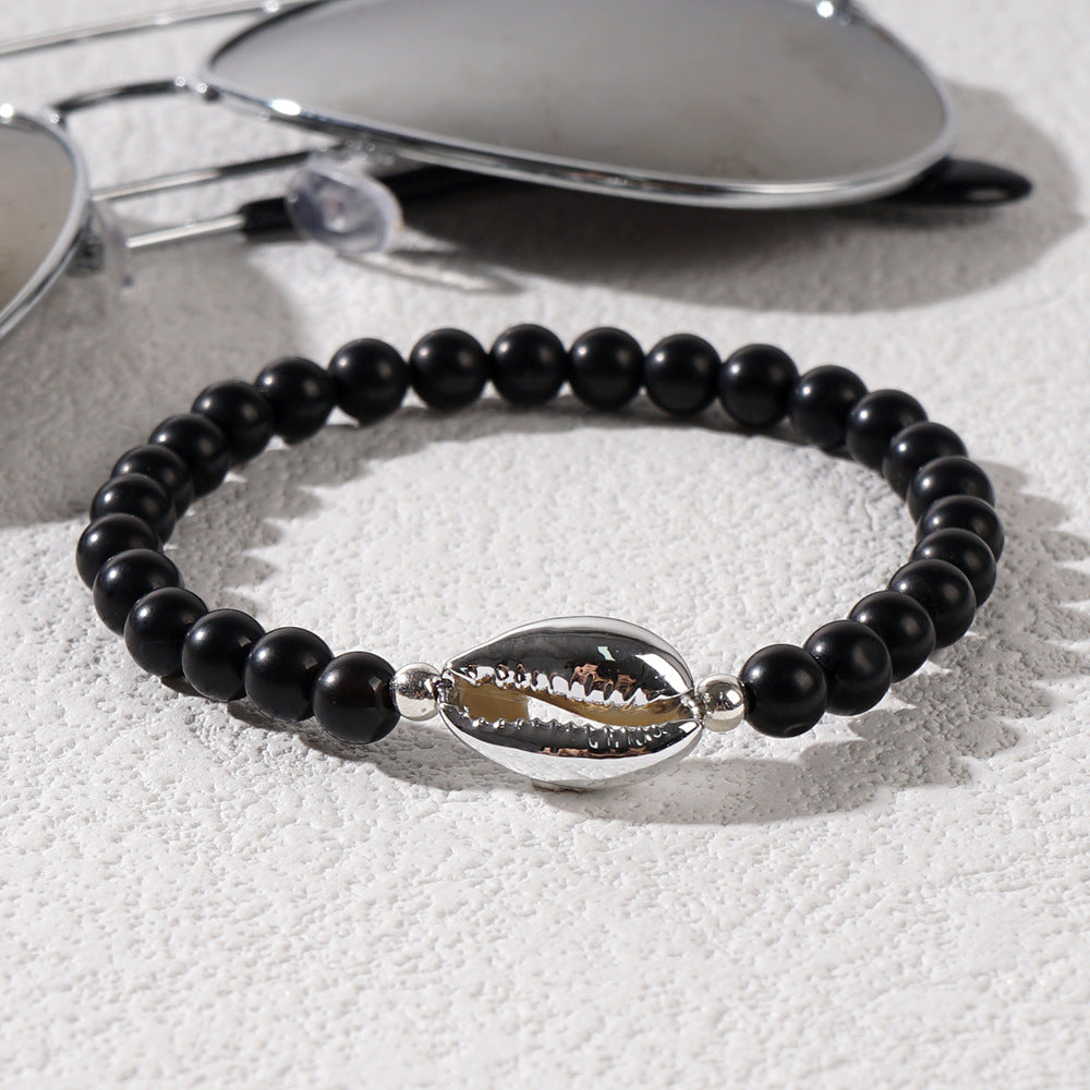 Silver Plated Cowrie Shell & Matte Black Agate Beaded Stretch Bracelet, Boho Summer Beach Bracelet For Men AL901