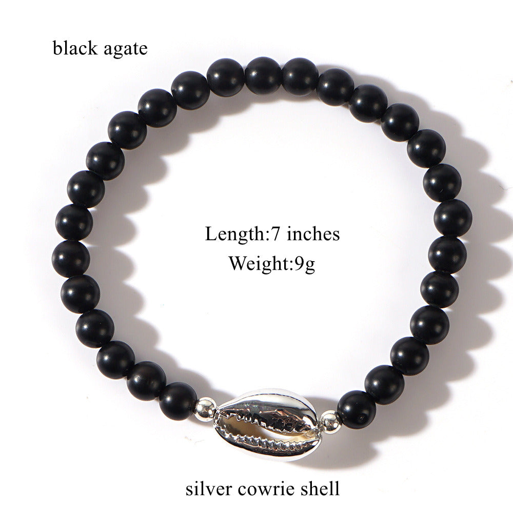 Silver Plated Cowrie Shell & Matte Black Agate Beaded Stretch Bracelet, Boho Summer Beach Bracelet For Men AL901