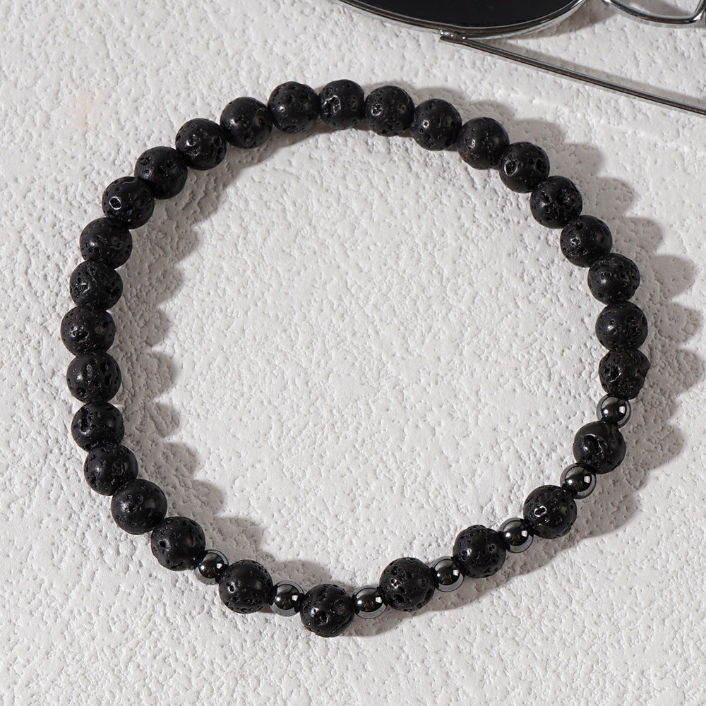 8" Black Lava Stone & Hematite Ｂeaded Stretch Bracelet, Boho Summer Beach Jewelry, Bracelet For Men AL902