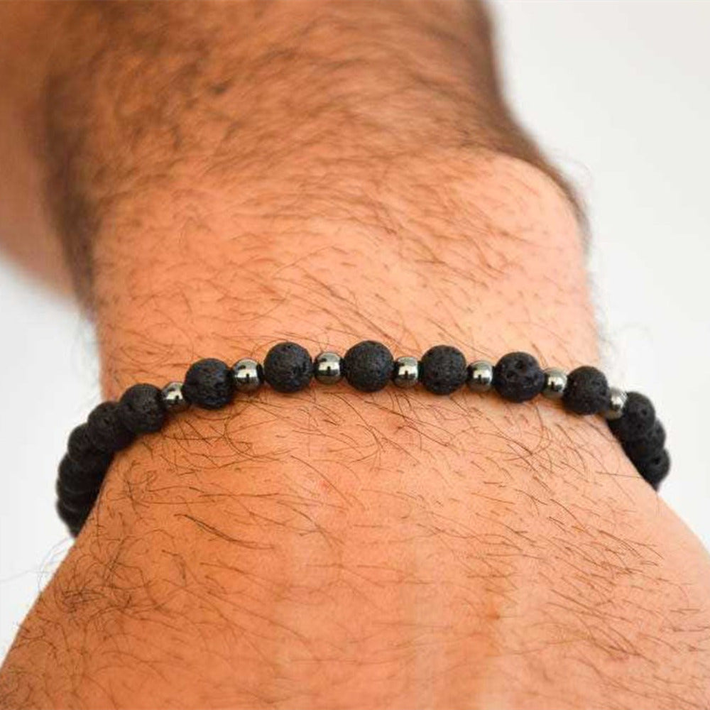 8" Black Lava Stone & Hematite Ｂeaded Stretch Bracelet, Boho Summer Beach Jewelry, Bracelet For Men AL902