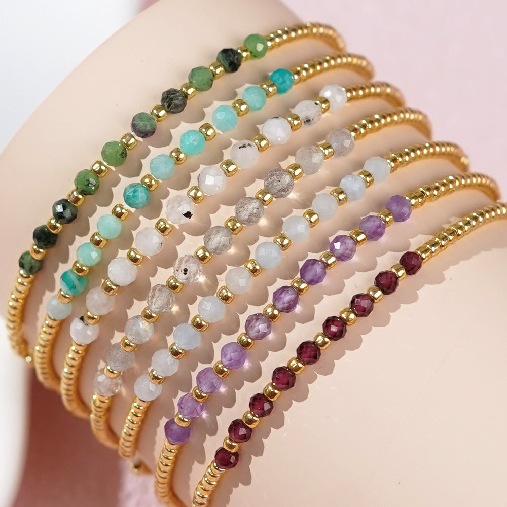 Bohemian Skinny Faceted Aquamarine Moonstone Stones & Gold Miyuki Beads Stacked Bracelet, Handmade Boho Summer Jewelry AL903