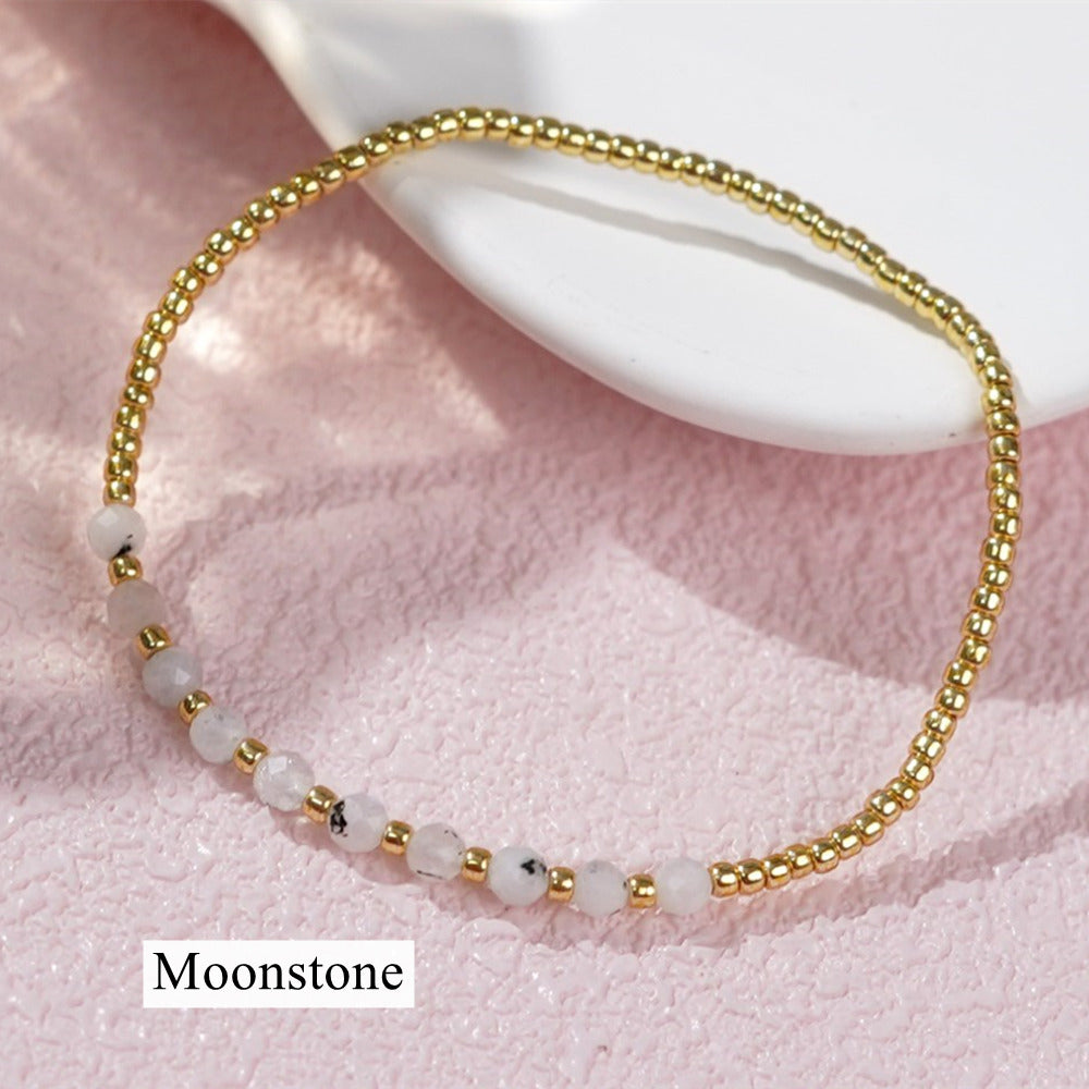 Bohemian Skinny Faceted Aquamarine Moonstone Stones & Gold Miyuki Beads Stacked Bracelet, Handmade Boho Summer Jewelry AL903
