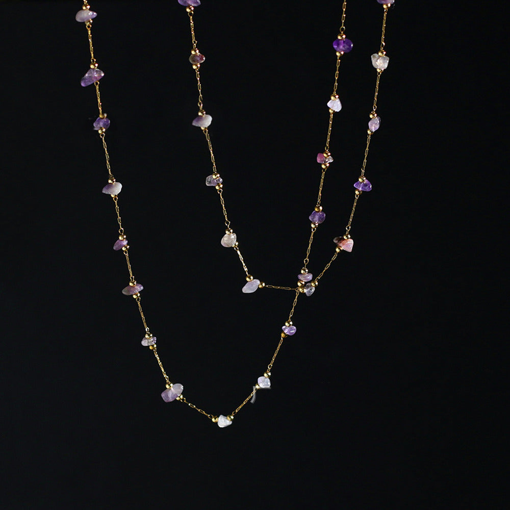 16" Raw Amethyst Chips & Gold Beads Rosary Chain Necklace Stainless Steel in 18k Gold Plated  AL908