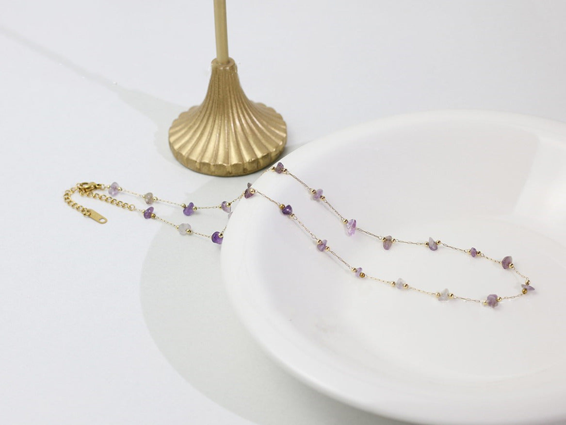 16" Raw Amethyst Chips & Gold Beads Rosary Chain Necklace Stainless Steel in 18k Gold Plated  AL908