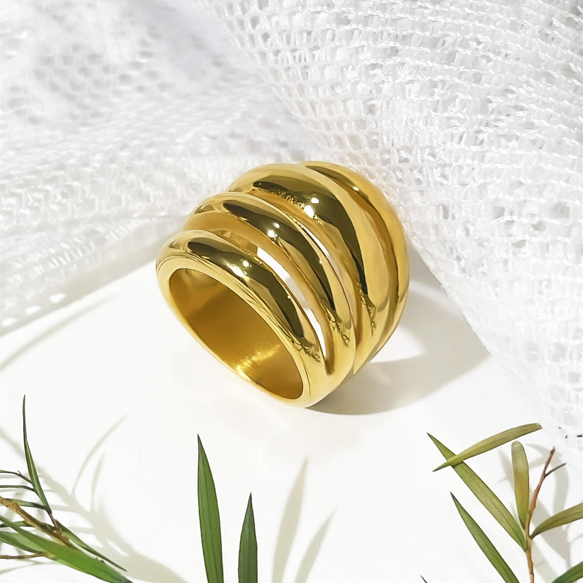 Titanium Steel Gold Plated 5-Layer Hollow Band Ring AL909