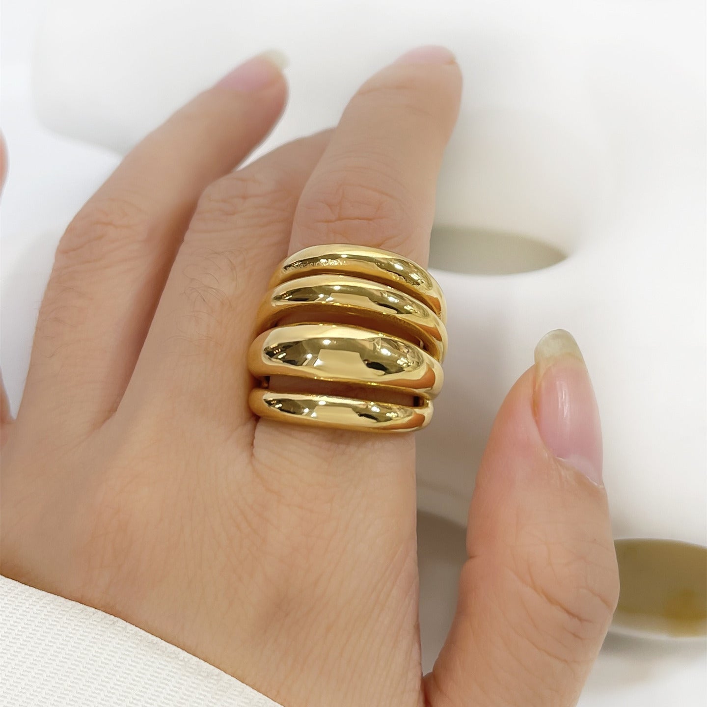 Titanium Steel Gold Plated 5-Layer Hollow Band Ring AL909