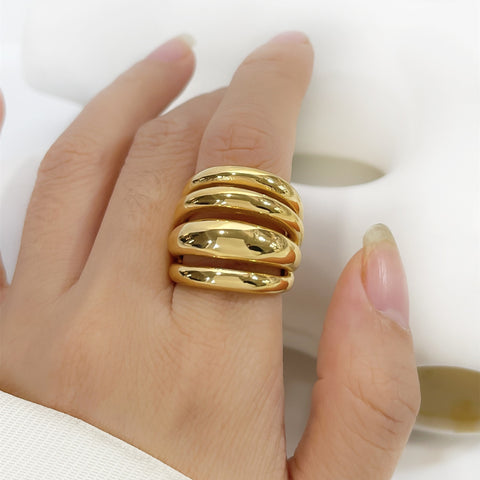 Titanium Steel Gold Plated 4-Layer Hollow Band Ring AL909