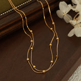 16" Gold Cubes Beaded 2-Layers Snake Chain Necklace, Titanium Steel Square Beads Stacked Necklace Simple Jewelry AL911