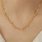 16" Gold Cubes Beaded 2-Layers Snake Chain Necklace, Titanium Steel Square Beads Stacked Necklace Simple Jewelry AL911