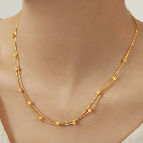 16" Gold Cubes Beaded 2-Layers Snake Chain Necklace, Titanium Steel Square Beads Stacked Necklace Simple Jewelry AL911