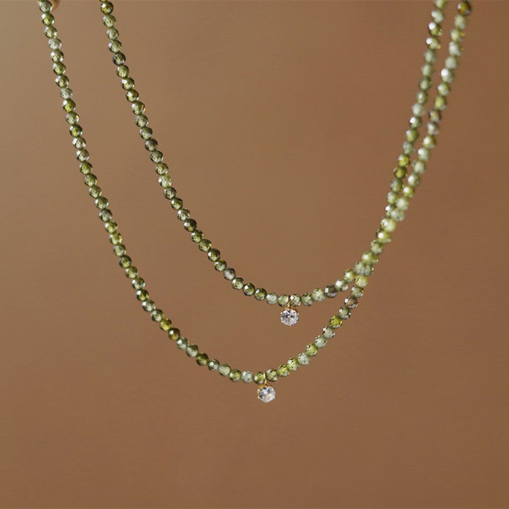 16" Skinny Olivine Green 3mm Faceted Beaded Necklace Zircon Necklace, Titanium Steel Fashion Jewelry AL914
