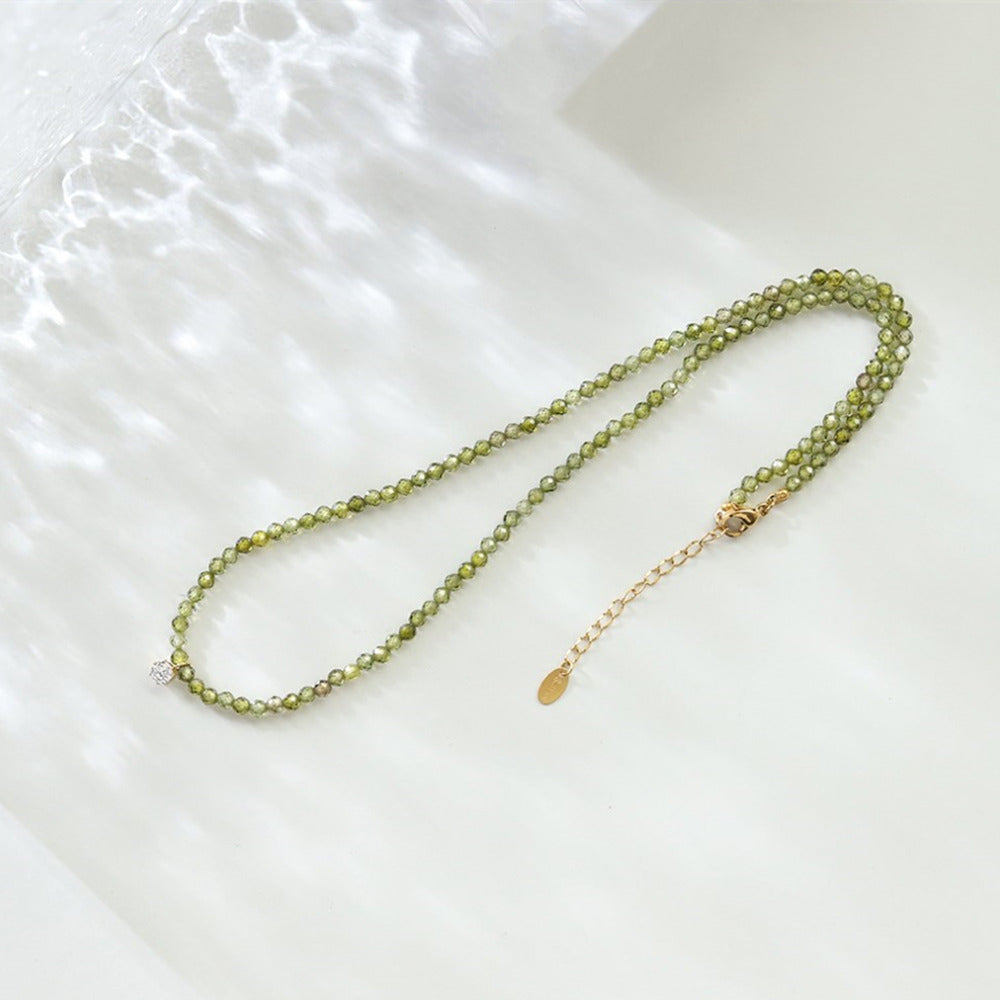 Gradient Olivine Green 3mm Cubic Zirconia Beaded Necklace Flash Zircon Necklace, Titanium Steel Handmade Jewelry AL914