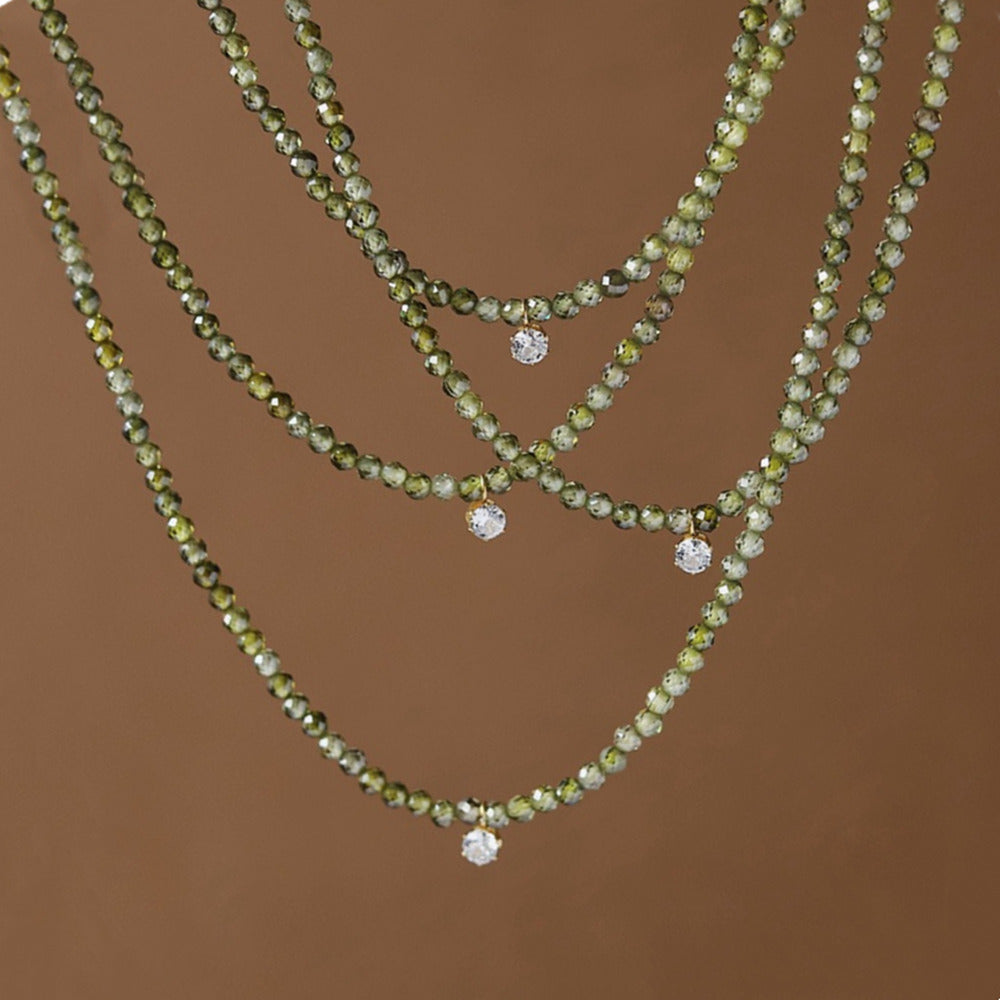 Gradient Olivine Green 3mm Cubic Zirconia Beaded Necklace Flash Zircon Necklace, Titanium Steel Handmade Jewelry AL914