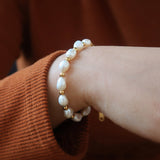 Baroque Irregular Natural Freshwater Pearl & Gold Beads Bracelet, Titanium Steel Jewelry Bracelet AL915