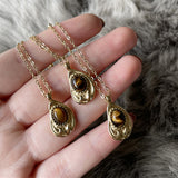 20" Gold Natural Tiger's Eye Drop Pendant Necklace Titanium Steel Gemstone Jewelry For Women AL916