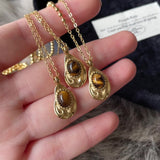 20" Gold Natural Tiger's Eye Drop Pendant Necklace Titanium Steel Gemstone Jewelry For Women AL916