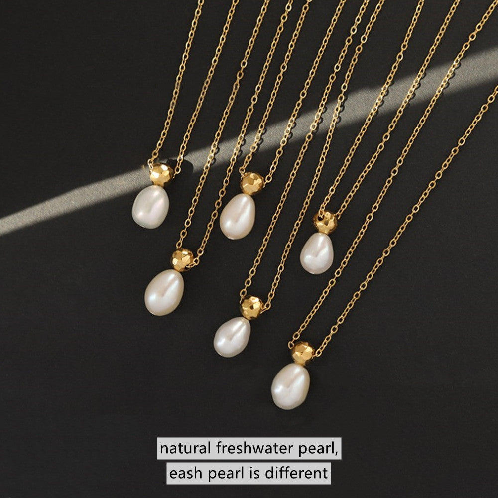 16" Gold Disco Ball & Natural Freshwater Pearl Drop Necklace, Titanium Steel Simple Jewelry Necklace AL918
