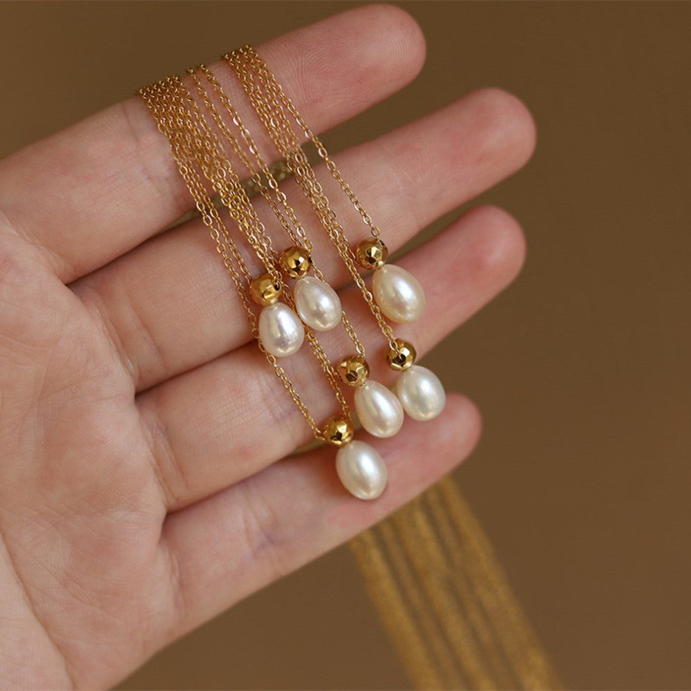 16" Gold Disco Ball & Natural Freshwater Pearl Drop Necklace, Titanium Steel Simple Jewelry Necklace AL918