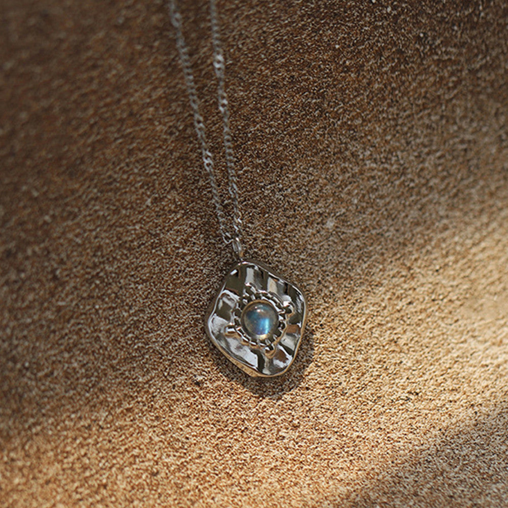16" Silver Irregular Hummered Labradorite Necklace, Gray Moonstone Titanium Steel Jewelry Necklace AL923