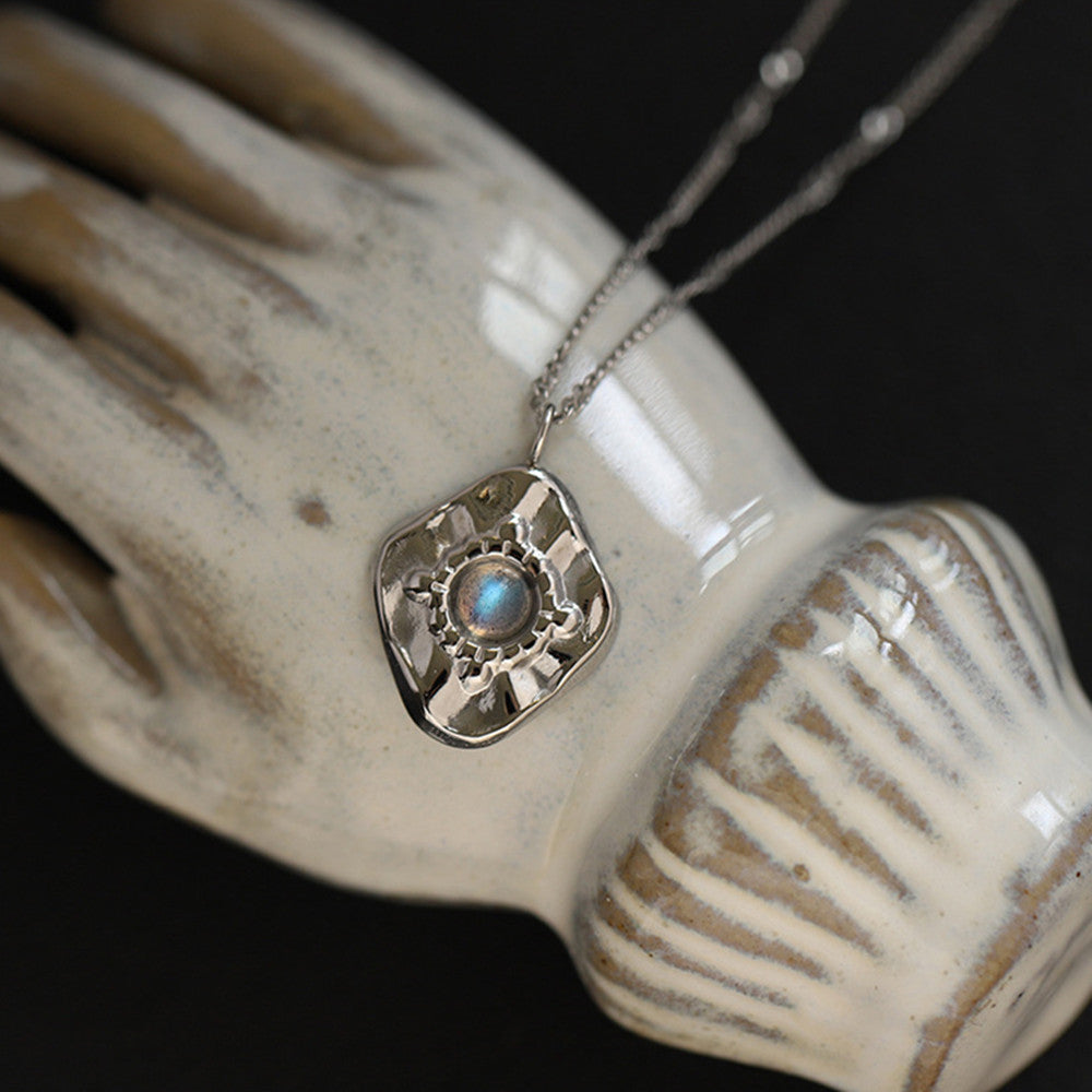 16" Silver Irregular Hummered Labradorite Necklace Gray Moonstone Necklace Titanium Steel Jewelry AL923