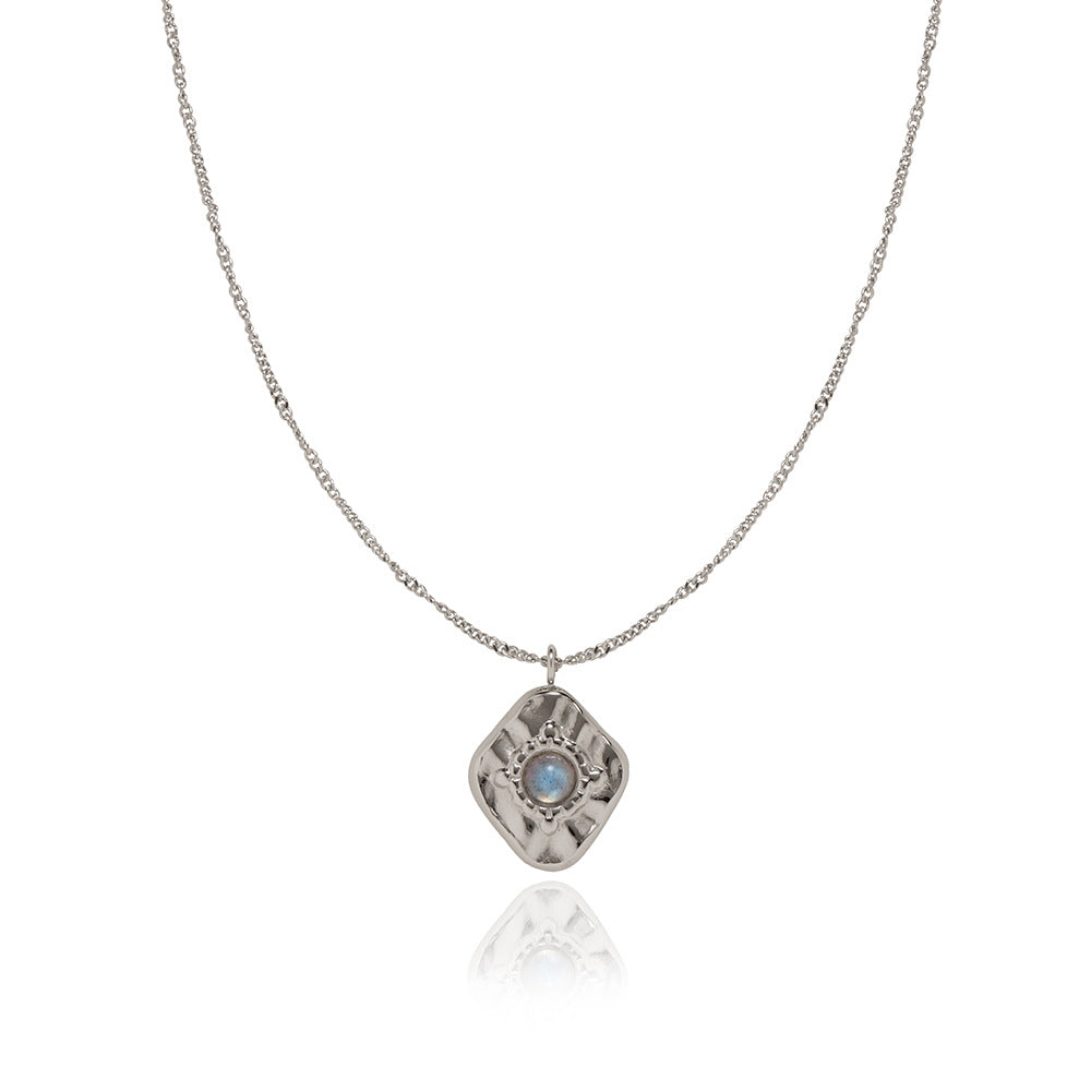 16" Silver Irregular Hummered Labradorite Necklace Gray Moonstone Necklace Titanium Steel Jewelry AL923