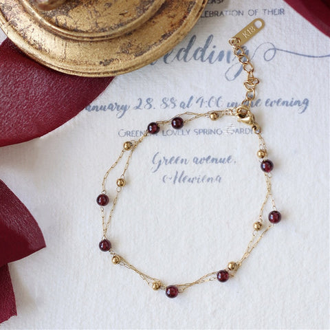 Double Layer Garnet Gold Ball Beads Bracelet Titanium Steel Jewelry AL927