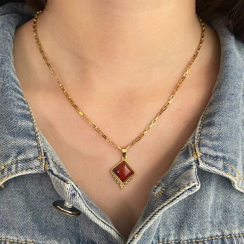 18” Gold Natural Stone Diamond Pendant Necklace Red Agate Necklace, Stainless Steel Jewelry Necklace AL932