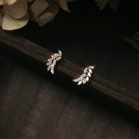 Dainty 925 Sterling Silver Zircon Feather Stud Earrings CZ Leaf Earrings, 18k Gold Plated Jewelry AL938